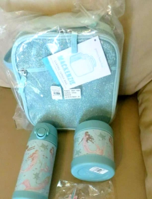 Pottery barn LUNCH BOX bag school Disney Mermaid +WATER BOTTLE set rainbow o