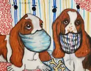Basset Hound in Quarantine Mask ACEO Art Print Signed by Artist KSams Steampunk