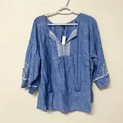 NWT Talbots Blue & White Embroidered Eyelet Tunic Shirt Tassel Plus Size 3XP