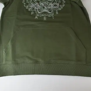 【KENZO】KENZO白字刺繡LOGO經典虎頭設計棉質長袖連帽T-Shirt(軍綠)