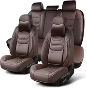 TIEHESYT Coffee Car Seat Covers Full Set, Breathable Leather Automotive Front and Rear Seat Covers with Headrest, Car Seat Protectors Full Set, Compatible with Most Vehicles, SUV