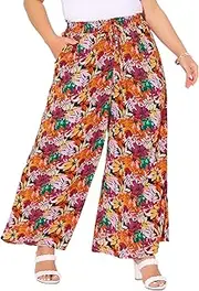 [Agnes Orinda] Women's Plus Size Casual Wide Leg Pants Boho Summer Floral Palazzo Pants Flowy Beach Trousers with Pocket Black Red 4X