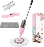 Multi-Surface Spray Mop Kit 3-in-1 with Flat Mop, Round Mop, Squeegee Mop Head, Refillable Water Bottle, Machine Washable Mop Pads for Cleaning Floors, Windows