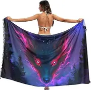 [XYMZR] Women's Sarong Swimsuit Coverups Wolf Face Scary Chiffon Bikini Wraps Skirt with Tassels L