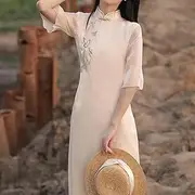 [JIMINISO] Cheongsam Embroidery Midi Dress Modern Cheongsam Eleglant Fairy Chinese Women Dress Cheongsam Qipao Wedding Summer