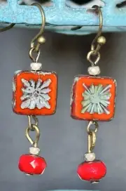 Bronze and Rustic Red Picasso Czech Bead Earrings. Boho Chic