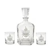 Custom Family Crest Decanter and Whiskey Glass Set, Authentic Coat of Arms