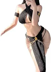 [CHILIRIA] Maid Lingerie For Women Japanese Anime Cosplay Role Playing Lingerie Kawaii Cat Kitty Qipao Nun Goth Halloween Costume Dress Black, Black, One size
