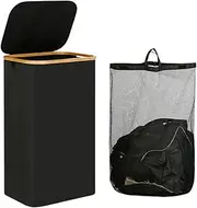 [TOMVAES] Laundry Hamper with Lid,Divided Folding Bamboo & Oxford cloth Laundry Hamper,Modern Collapsible Hamper,Waterproof Liner, Great for Adults, Bathroom, Living Room