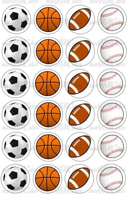 24 x Sport Balls Basketball Soccer Edible Cupcake Toppers Icing Sheet CAKE 4cm