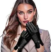 [OZERO] Winter Leather Glove for Women: Sheepskin Wool Warm Gloves with Touchscreen Fingers for Cold Weather - Black