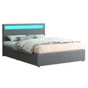ALFORDSON Bed Frame Double Size RGB LED Gas Lift Storage Base Grey LUCHINO