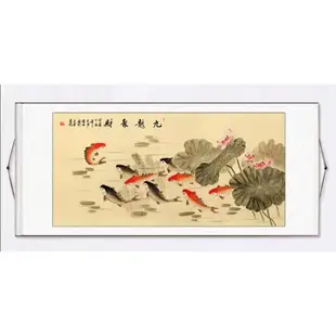 【花鳥畫0310】九龍聚財招財字畫國畫連年有餘荷花魚九魚圖辦公室客廳裝飾畫卷軸掛畫（已裱卷軸可直接懸掛）