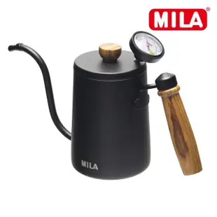 【MILA】木柄鶴嘴不鏽鋼手沖壺、細口壺600ml 加 MILA溫度計(超值優惠組)