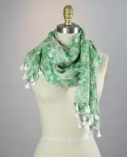 ANN TAYLOR NWT Floral Print Scarf Long Wrap Green Springtime Tassels OS