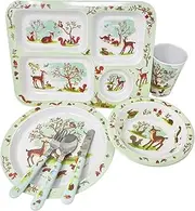 Forest Friends Dinner Set 5 Piece Kids Dinner Set Tableware Lunch Reusable Plate Cutlery Bowl Tumbler Cup Tray Lightweight Premium Dinnerware Set HTUK