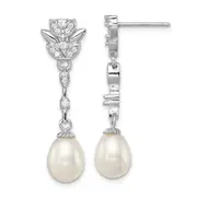 Sterling Silver Rhodium Plated Clear Cz And 8-9mm White Freshwater Cultured Pearl Dangle Post Earrings