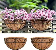 LaLaGreen 16 Inch Wall Hanging Planters - 2 Pack, Large Wall Mounted Flower Basket with Coco Liner, Black Metal Horse Trough Window Herb Pot Holder Outdoor Plants Fence Rail Railing Deck Porch Balcony