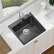 ALFORDSON Black Kitchen Sink, 530 x 500 x 220mm Sink, 304 Stainless Steel Water Basin Sinks with 3mm Thick Edge, Single Spacious Bowl with Waste Strainer, Dishwashing Workstation
