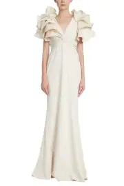 Badgley Mischka V-Neck Mikado Gown with Ruffled Shoulders & Ruched Sleeves