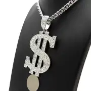 Silver PT Iced Large $ Sign Money Pendant & 6mm 24" 30" Cuban Chain Necklace