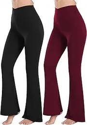 [Ridshy] Falre Leggings for Women High Waisted Yoga Pants Crossover Workout Legging Bootcut Flared Dress Pants 2 Pack