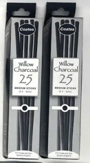 Coates Willow Charcoal Medium Sticks 2 Packs of 25 Artists Arts & Crafts (4-6mm)