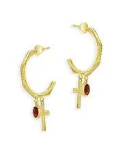 Bloomingdale's Fine Collection Garnet and Cross Half Hoop Earrings in 14K Yellow Gold
