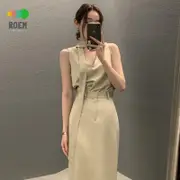 ROVE[輕奢高級]韓國chic夏季簡約氣質V領飄帶無袖襯衫+高腰顯瘦包臀半身裙套裝女