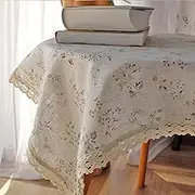 Small Square Cotton Linen Farmhouse Tablecloth,Flower Vintage Bedside Tablecloth,End Tablecloth, Nightstand Tablecloth, Rustic Style Tablecloth, Flower Tablecloth 28x28 inch