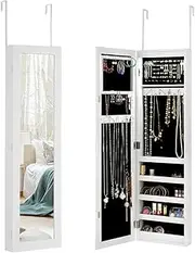 Giantex LED Jewelry Cabinet, Wall Mounted & Door Hanging Jewelry Armoire, Makeup Jewelry Organizer w/Full Length Dressing Mirror, Large Storage Jewelry Box for Bedroom, Closet, Dressing Room, White