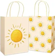 JarThenaAMCS 24Pcs Boho Sunshine Paper Gift Bags First Trip Around The Sun Treat Bags with Handles Light Yellow Candy Goodie Bags Grocery Shopping Bags for Baby Shower Party