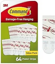 Command Poster Strips, Damage Free Hanging Poster Hangers, No Tools Wall Hanging Strips for Posters, 64 White Command Adhesive Strips