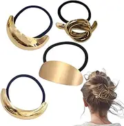 4PCS Metal Geometric Elastic Hair Ties, Gold Metal Hair Ties, Geometric Hair Cuff, Decorative Hair Ties Wrap Ponytail Holders