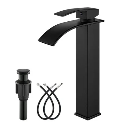 Waterfall Tall Bathroom Faucet Single Handle Bathroom Matte Black with Drain