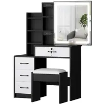 Dressing Table Vanity Stool Set with Sliding LED Mirror, Chair, Mutiple Shelves