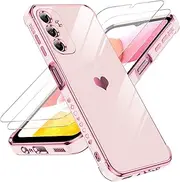 LeYi for Samsung Galaxy A14 5G Case: with Tempered Glass Screen Protector [2 Pcs]+ Full Camera Lens Protection,Love Heart Plating Girly Luxury Shockproof Case for A 14 5G, Cute Present for Mom, Pink