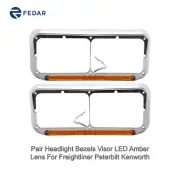 Pair Headlight Bezels Visor LED Amber Lens for Freightliner Peterbilt Kenworth