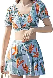 [DAGIN] Damen-Tankini-Badeanzug mit quadratischem Ausschnitt und Spitze für Damen, zweiteilige Badeanzüge, Tankini-Badebekleidung mit Blumendruck und Bauchkontrolle