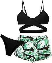 [Happy Cherry] Girls' Bikini Sets Swimsuit 50 UPF UV Sun Protection Swimwear Teenager Swimsuit Backless Top + Triangle Bikini Bottoms + Shorts for 8-14 Years
