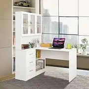 Luxsuite L Shaped Computer Desk with Bookcase, Drawers & Shelves Home Study Writing Table Office Desk with 2 Door Display Cabinet White
