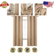Elegant 72" Faux Linen Grommet Curtains - Tan Light Filtering Drapes (2 Panels)