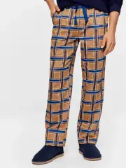 Peter Alexander Men Coffee/Blue Check Cotton Long Classic Pyjama Pants Size M