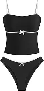 [ZAFUL] Tankini Swimsuits for Women Bow Tie Side Bathing Suits Tummy Control High Cut Two Piece Bikini Sets, 1-black, Small