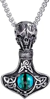 [UMtrade] Vintage Stainless Steel Thunder Hammer with Turquoise Skull Head Pendant Necklace