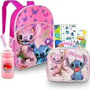 Disney Lilo and Stitch Backpack with Lunch Box for Kids - Bundle with Angel & Stitch Butterfly Backpack, Ohana Lunch Bag, & More | Stitch & Angel Backpack Set, Stitch Backpack for Girls, Lilo & Stitch