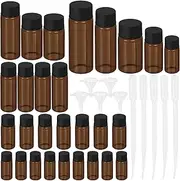Swpeet 38Pcs 5 Capacity Brown 5ML 10ML 15ML 20ML 30ML Small Glass Vials with Black Screw Caps and Plastic Transfer Pipettes with Plastic Funnel Assort Kit, Perfect for Oil, Perfume, Leak Proof Travel