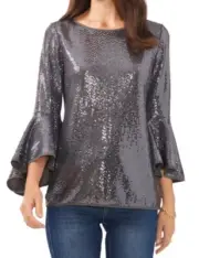 Vince Camuto Metallic Knit Flutter Sleeve Top - Dark Silver, Small , $89