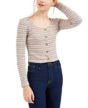 Hippie Rose Juniors' Button Crop Pointelle Top Brown Size Extra Large