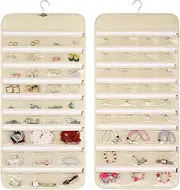 Hanging Jewelry Organizer Wall Holder: Double Sided Zipper Earring storage Pocket with 66 Pockets Wall Closet Necklace Hanger for Earrings Bracelet Watch Ring
